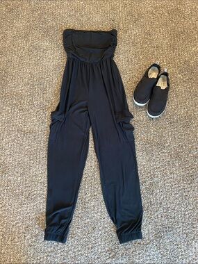 Strapless Black Cargo Romper with Elastic Ankles